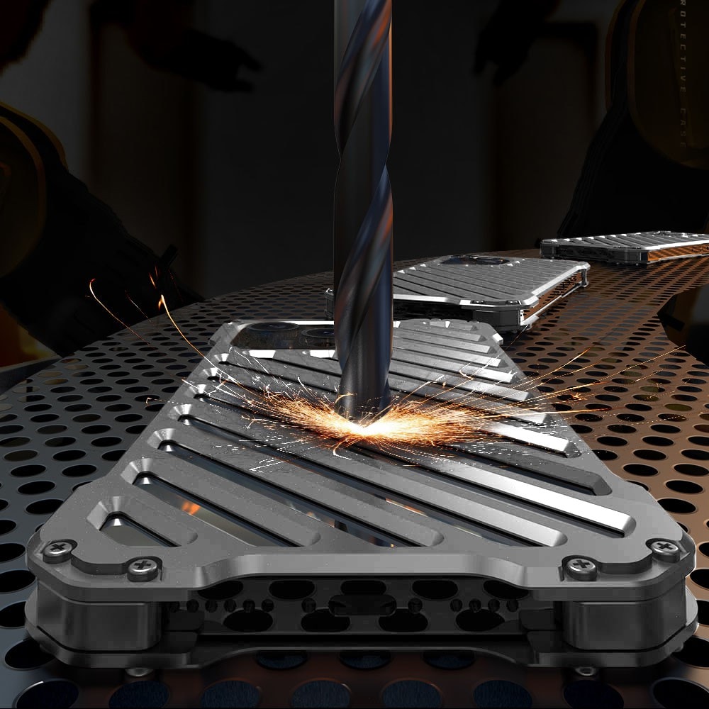 Etui do iPhone 14 pancerne, metalowe, skręcane, srebrne