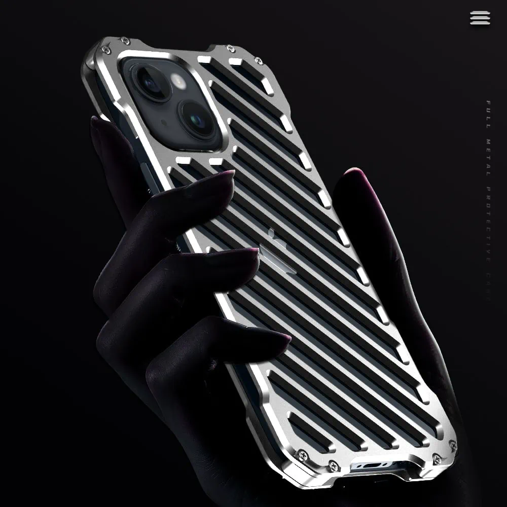 Etui do iPhone 14 pancerne, metalowe, skręcane, srebrne