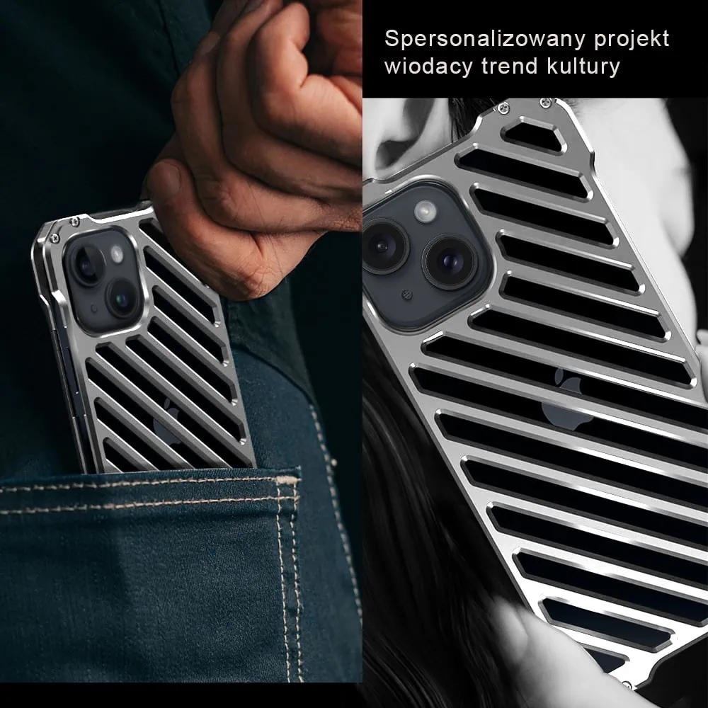 Etui do iPhone 14 pancerne, metalowe, skręcane, srebrne