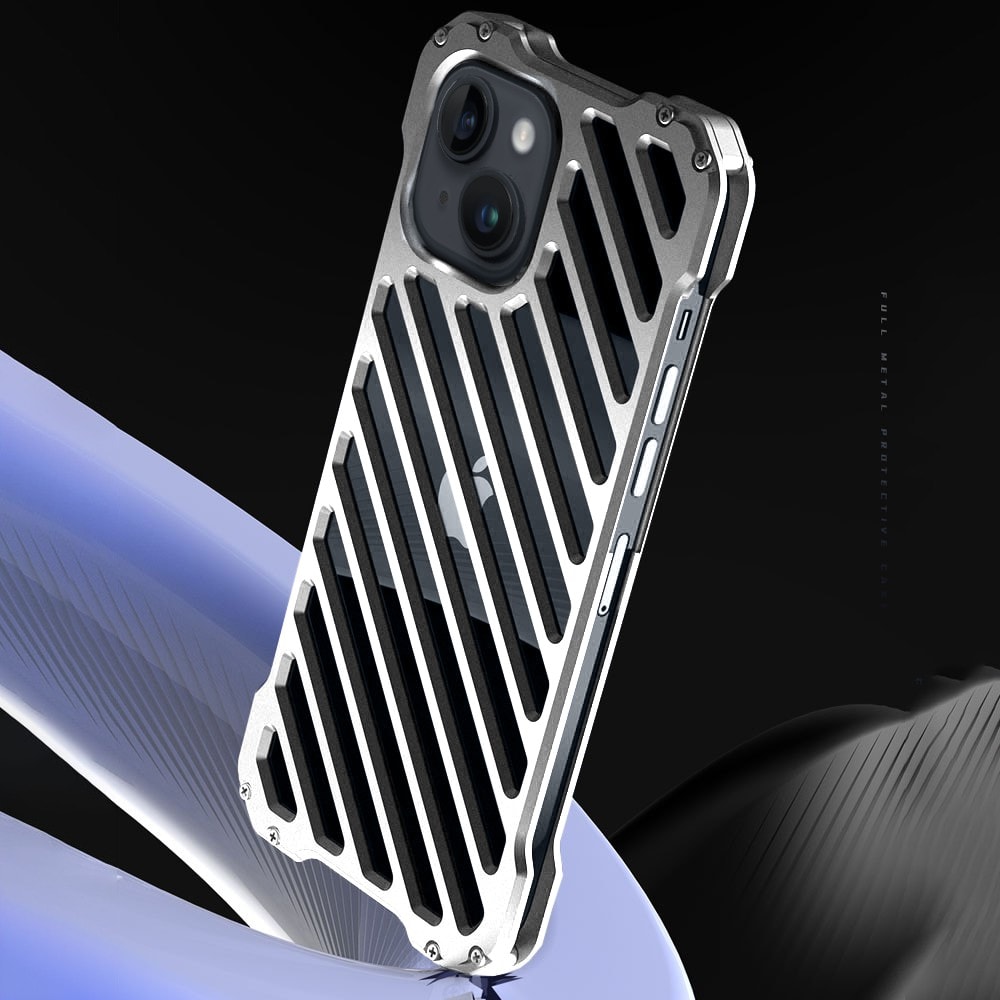 Etui do iPhone 14 pancerne, metalowe, skręcane, srebrne