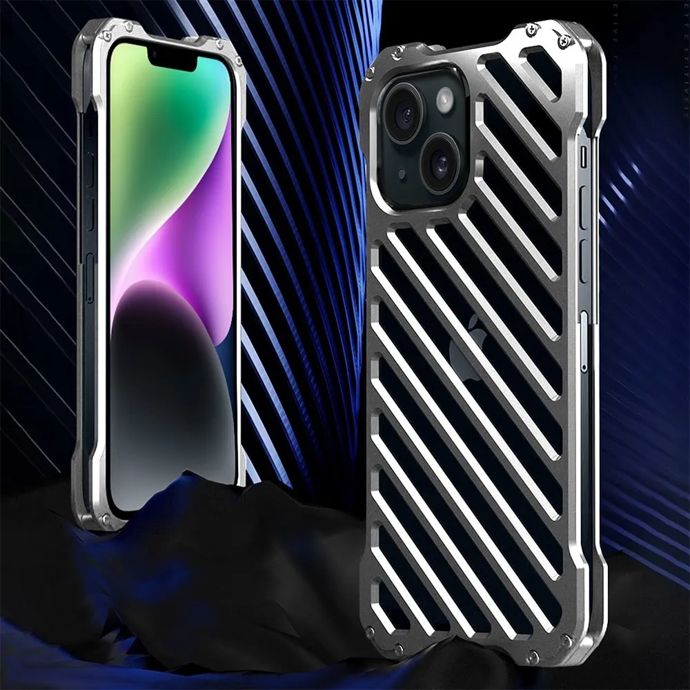 Etui do iPhone 14 pancerne, metalowe, skręcane, srebrne