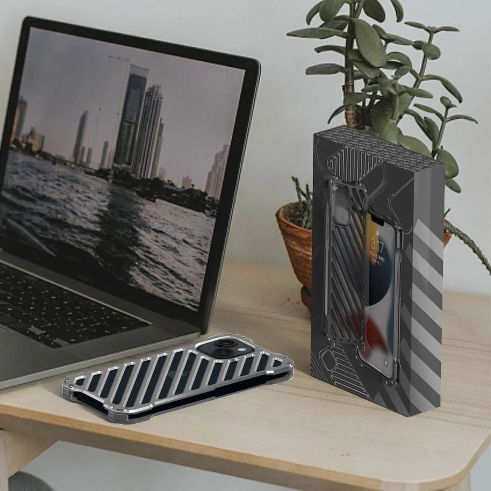 Etui do iPhone 14 pancerne, metalowe, skręcane, srebrne