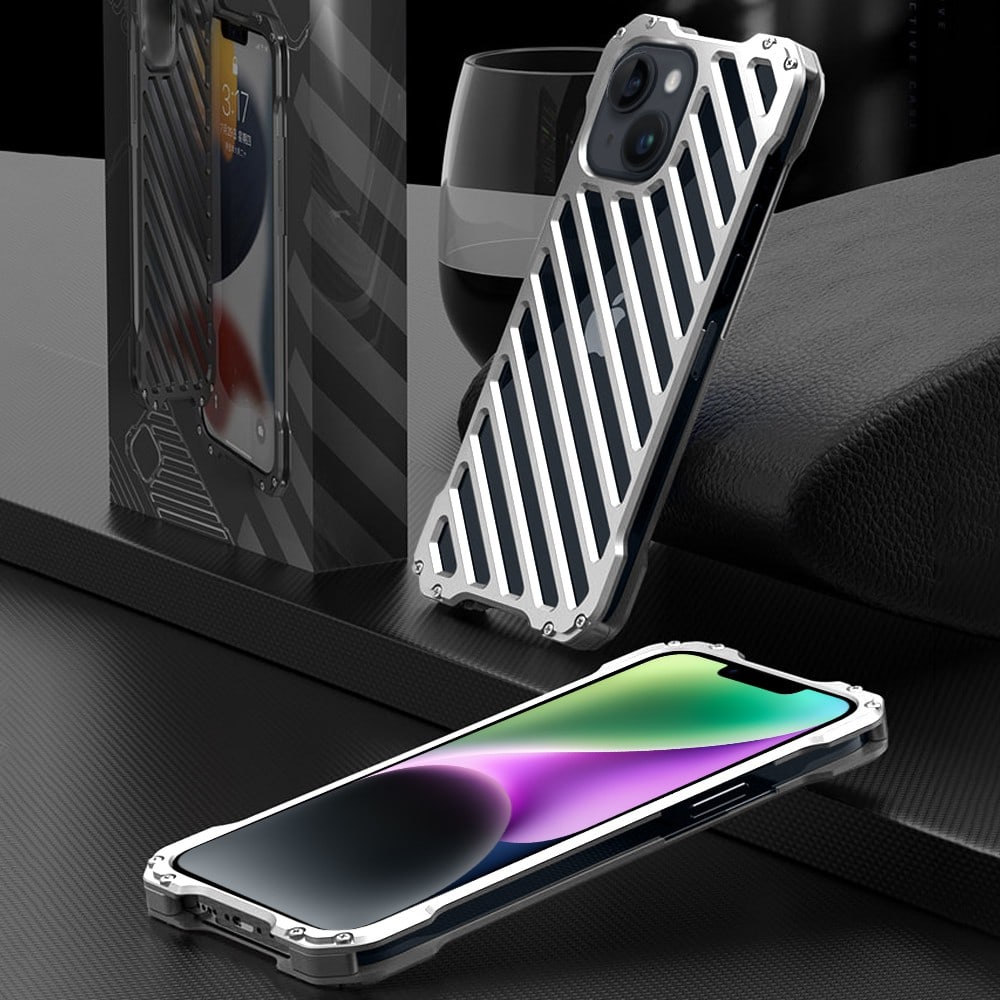 Etui do iPhone 14 pancerne, metalowe, skręcane, srebrne