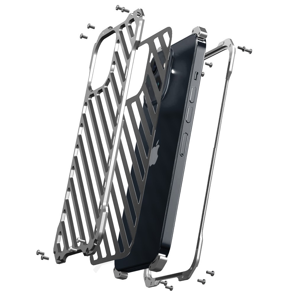 Etui do iPhone 14 pancerne, metalowe, skręcane, srebrne