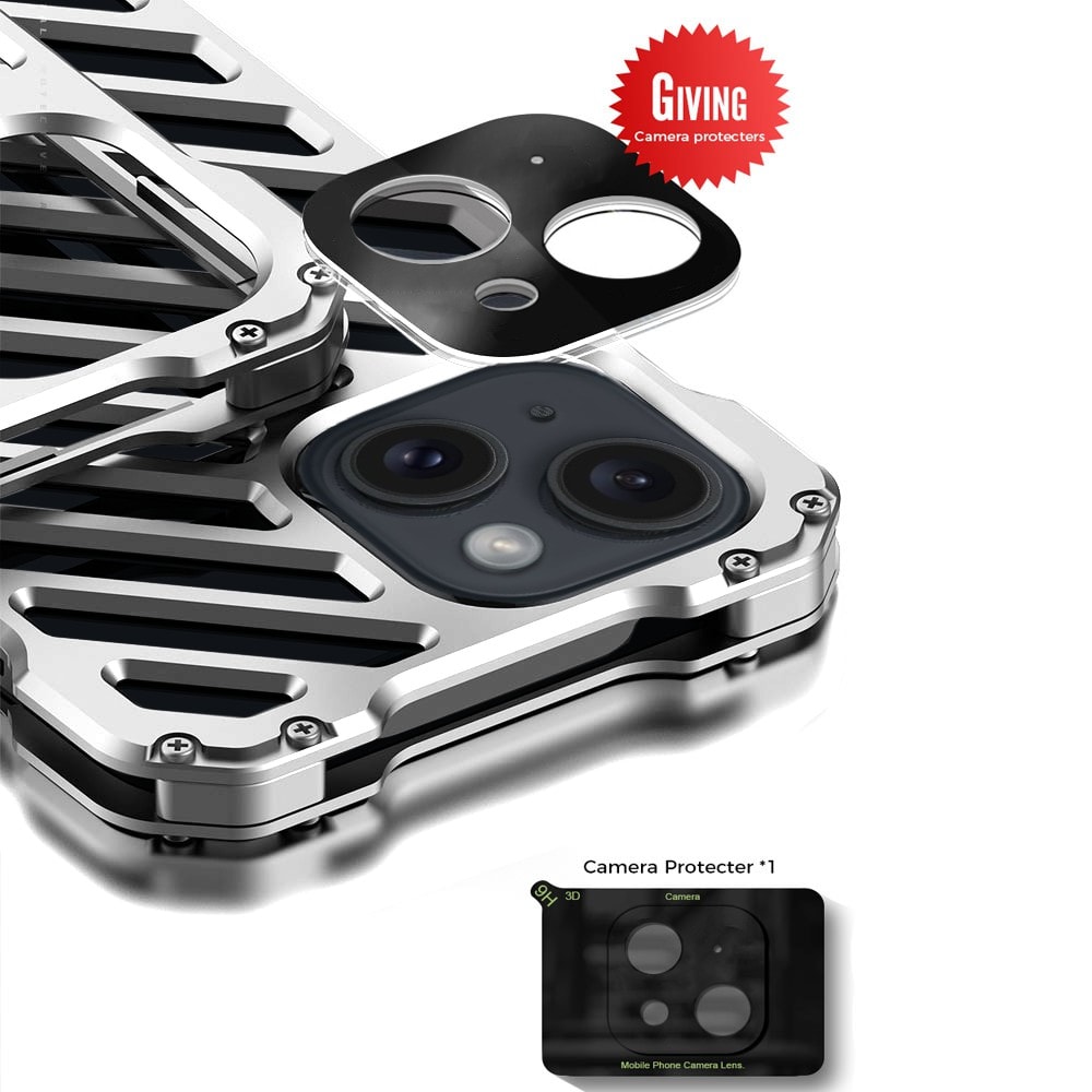 Etui do iPhone 14 pancerne, metalowe, skręcane, srebrne