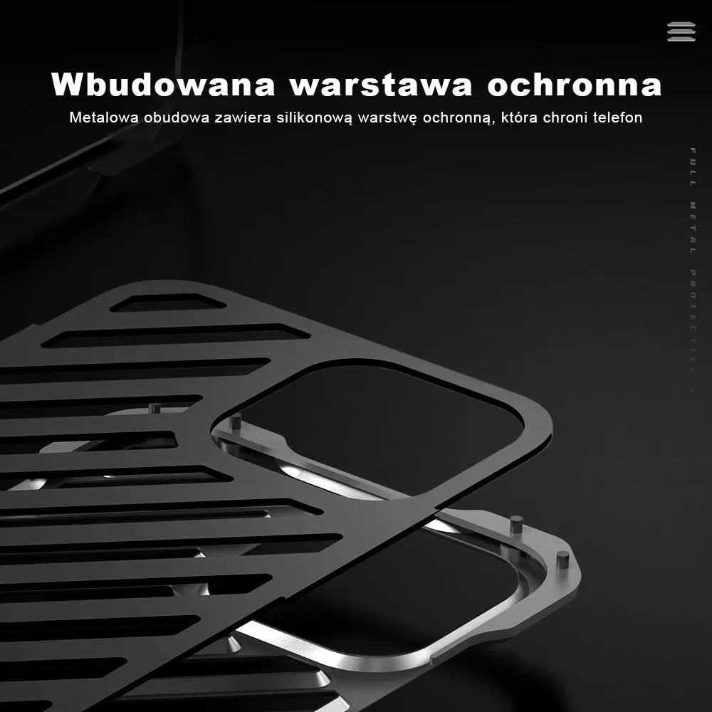 Etui do iPhone 14 pancerne, metalowe, skręcane, srebrne