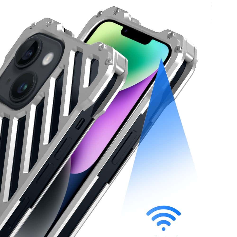 Etui do iPhone 14 pancerne, metalowe, skręcane, srebrne