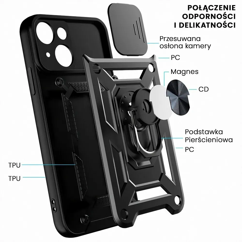 Etui do iPhone 14 pancerne z magnetycznym uchwytem, osłona kamery, czarne
