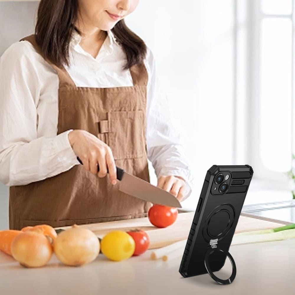 Etui do iPhone 14, pancerne, z osłoną aparatu i metalową podstawką MagSafe, czarne