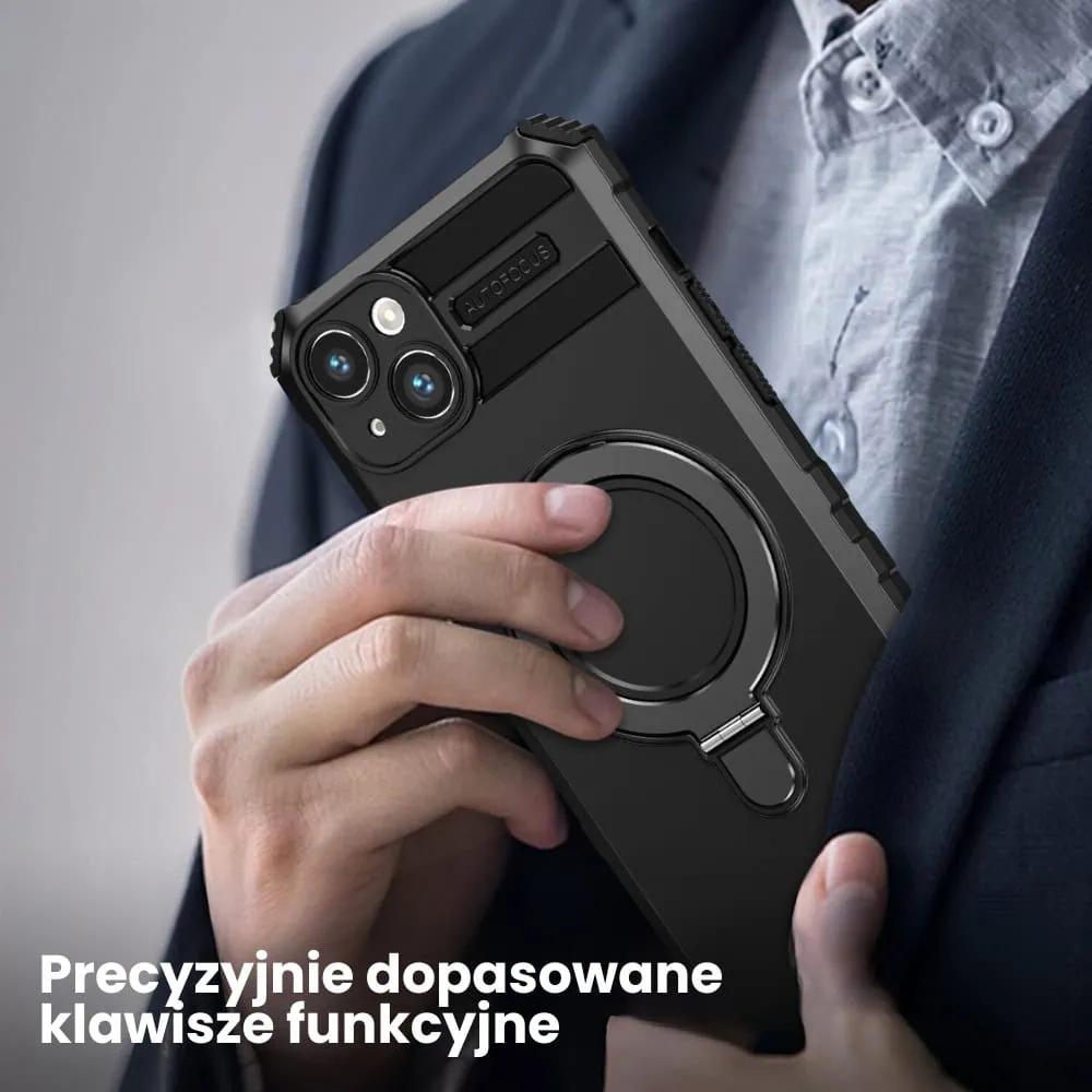 Etui do iPhone 14, pancerne, z osłoną aparatu i metalową podstawką MagSafe, czarne