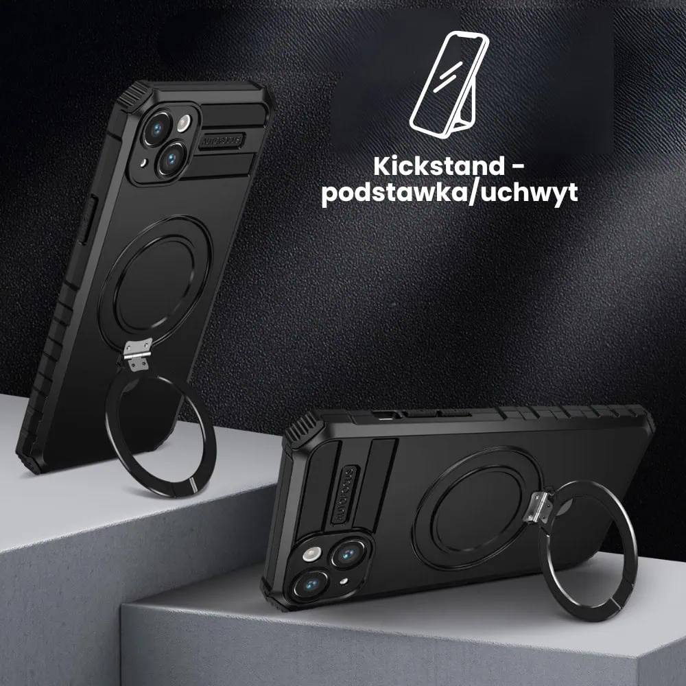 Etui do iPhone 14, pancerne, z osłoną aparatu i metalową podstawką MagSafe, czarne