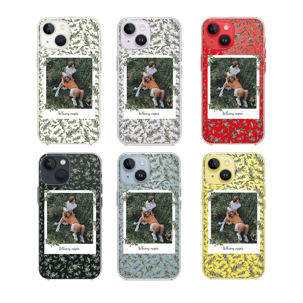 Etui do iPhone 14 Plus polaroid z własnym zdjęciem i napisem, gałązki