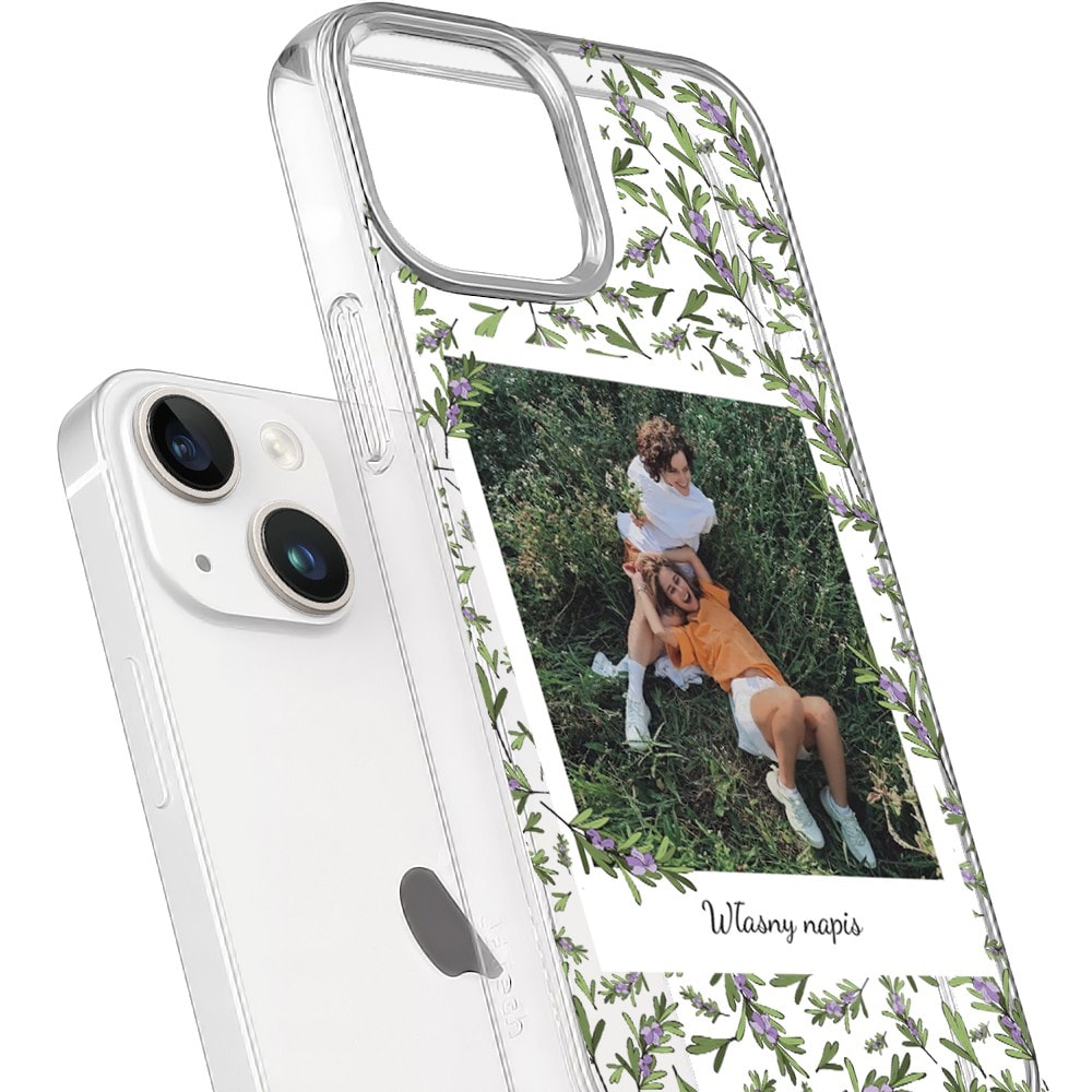 Etui do iPhone 14 Plus polaroid z własnym zdjęciem i napisem, gałązki
