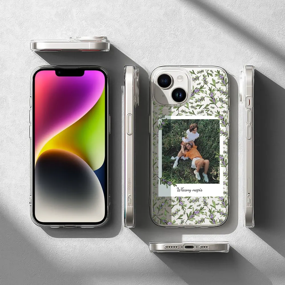 Etui do iPhone 14 Plus polaroid z własnym zdjęciem i napisem, gałązki