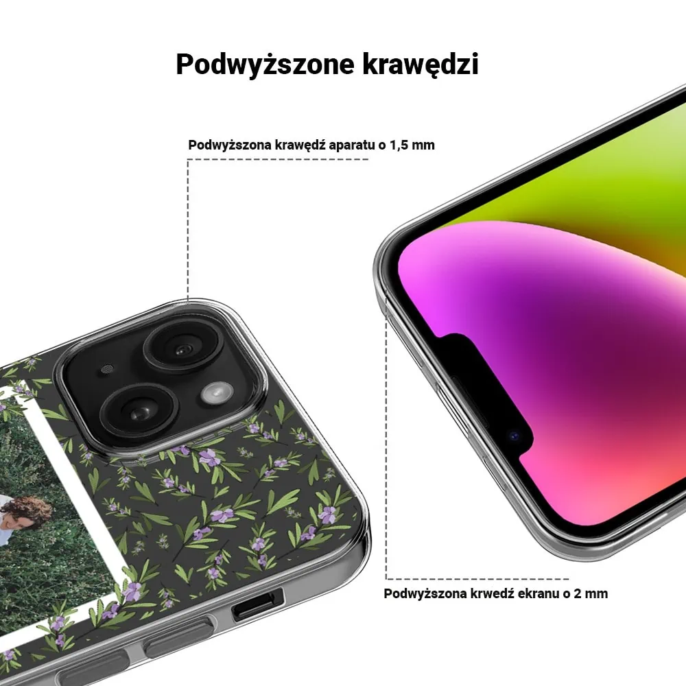 Etui do iPhone 14 Plus polaroid z własnym zdjęciem i napisem, gałązki