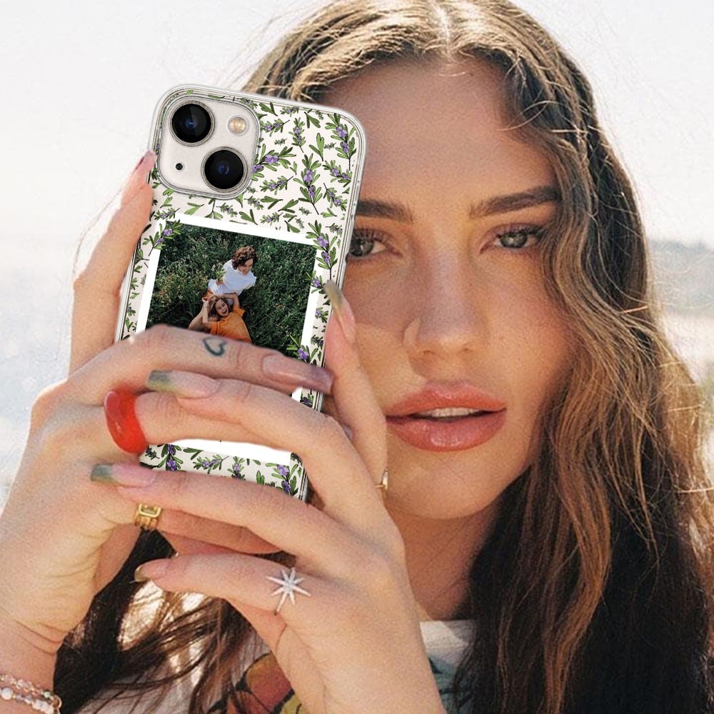 Etui do iPhone 14 Plus polaroid z własnym zdjęciem i napisem, gałązki