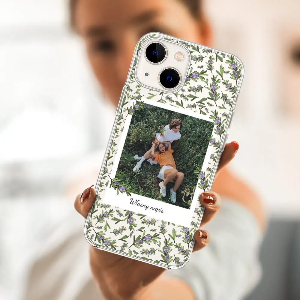 Etui do iPhone 14 Plus polaroid z własnym zdjęciem i napisem, gałązki