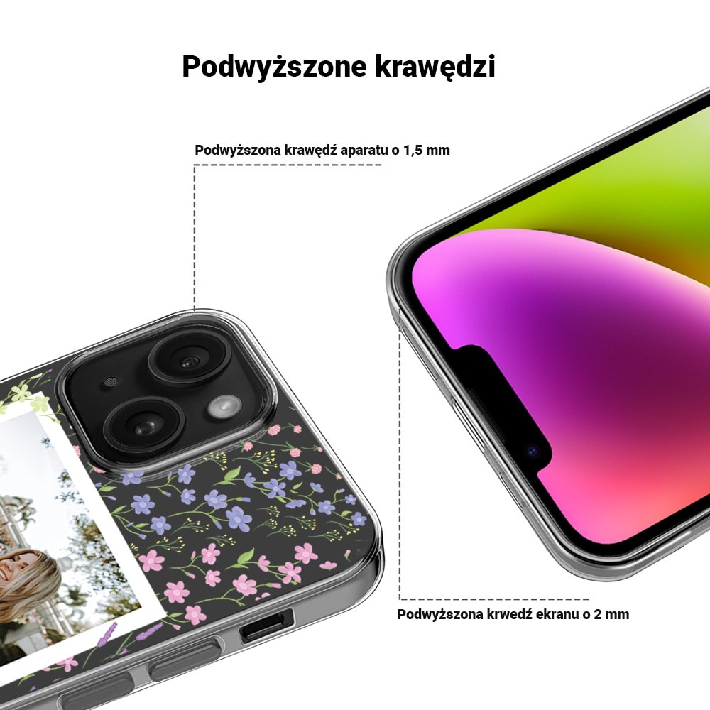 Etui do iPhone 14 Plus polaroid z własnym zdjęciem i napisem, kwiaty