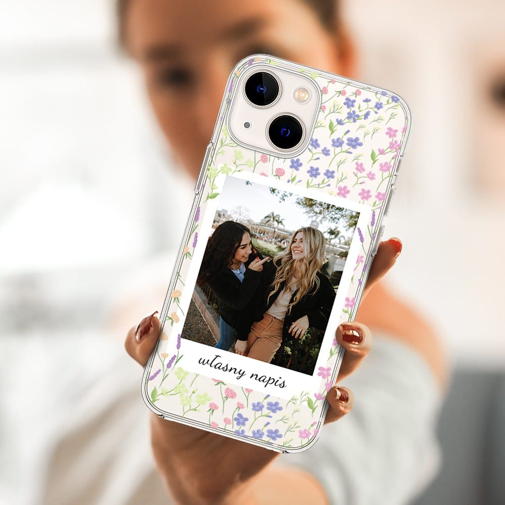 Etui do iPhone 14 Plus polaroid z własnym zdjęciem i napisem, kwiaty