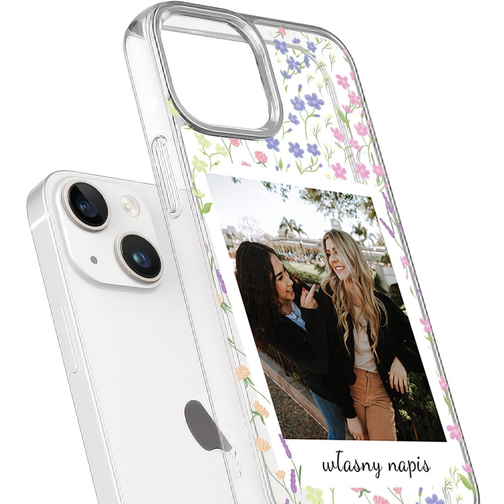 Etui do iPhone 14 Plus polaroid z własnym zdjęciem i napisem, kwiaty