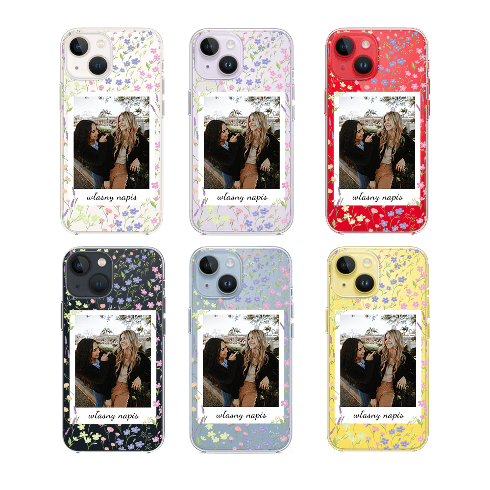 Etui do iPhone 14 Plus polaroid z własnym zdjęciem i napisem, kwiaty