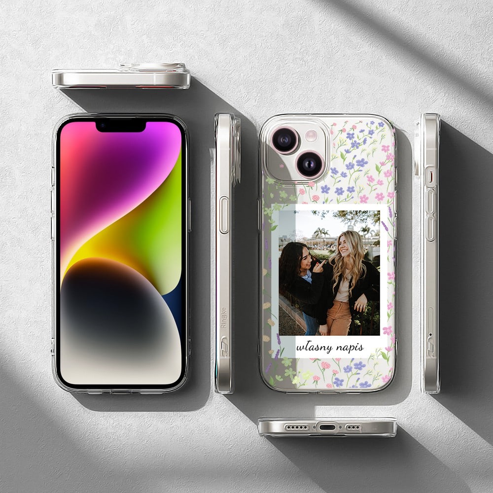 Etui do iPhone 14 Plus polaroid z własnym zdjęciem i napisem, kwiaty