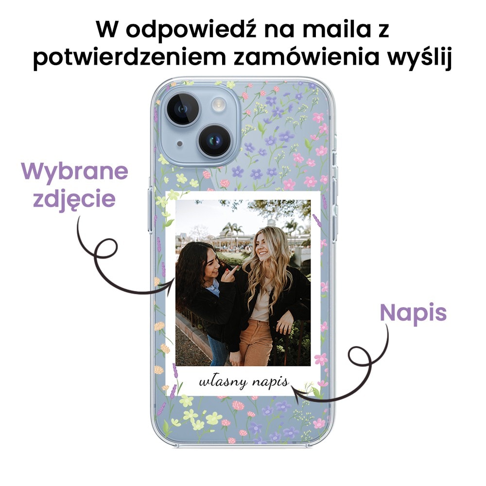 Etui do iPhone 14 Plus polaroid z własnym zdjęciem i napisem, kwiaty