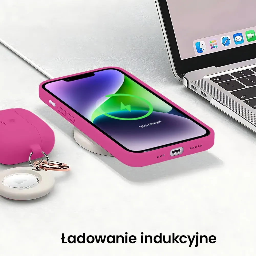 Etui do iPhone 14 silikonowe z mikrofibrą soft touch z osłoną na aparat, malinowe