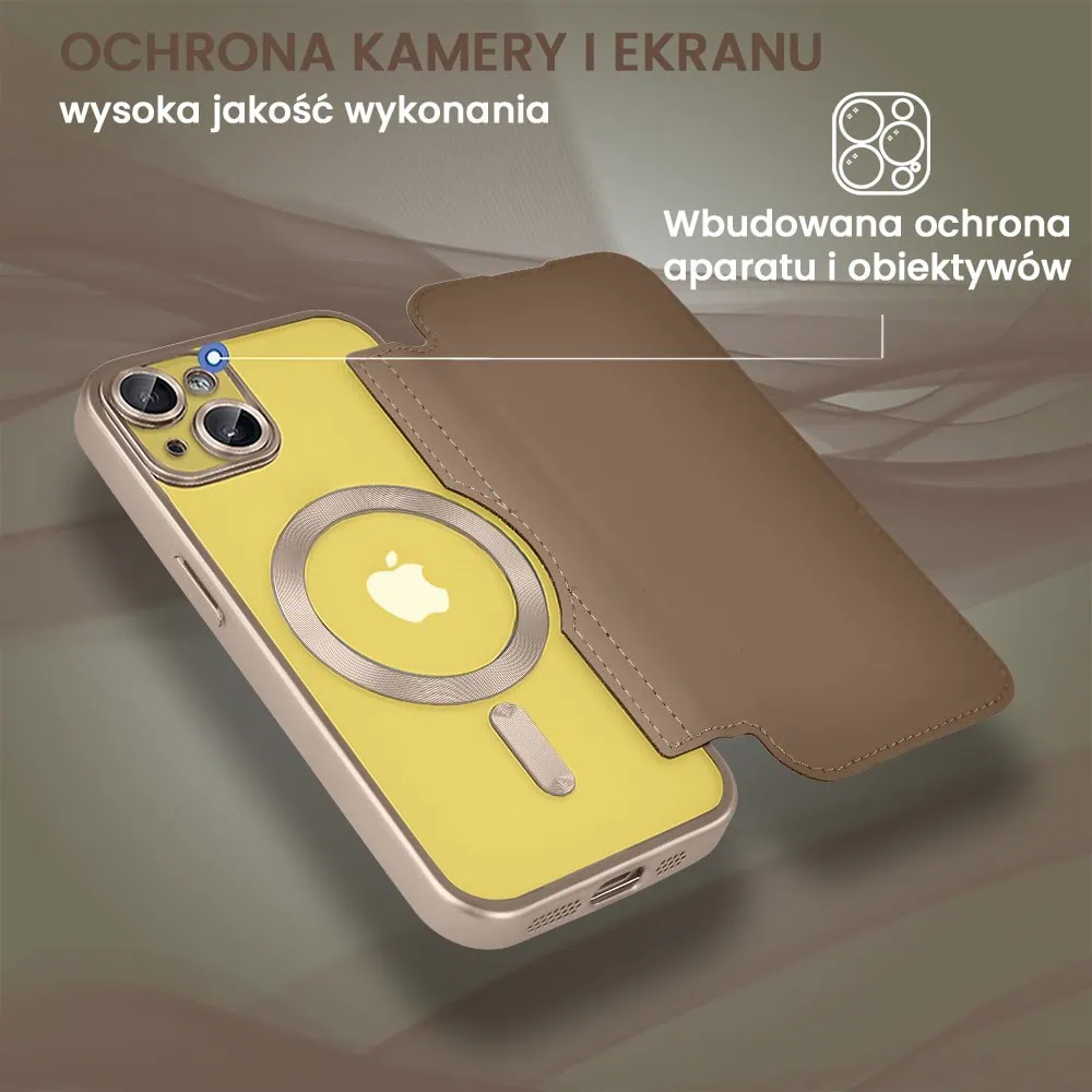 Etui do iPhone 14 typu książka Book Magsafe Lens Protect, z klapką, pustynny brąz
