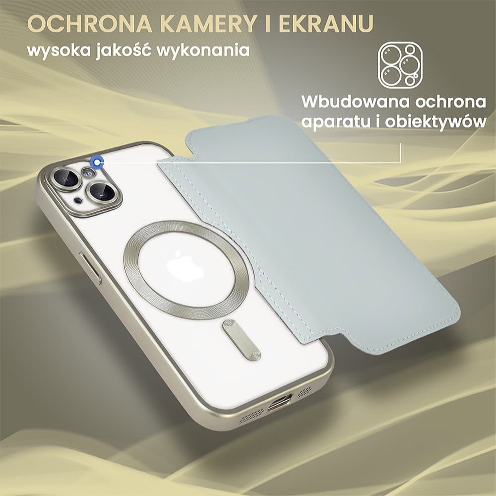 Etui do iPhone 14 typu książka Book Magsafe Lens Protect, z klapką, tytanowe