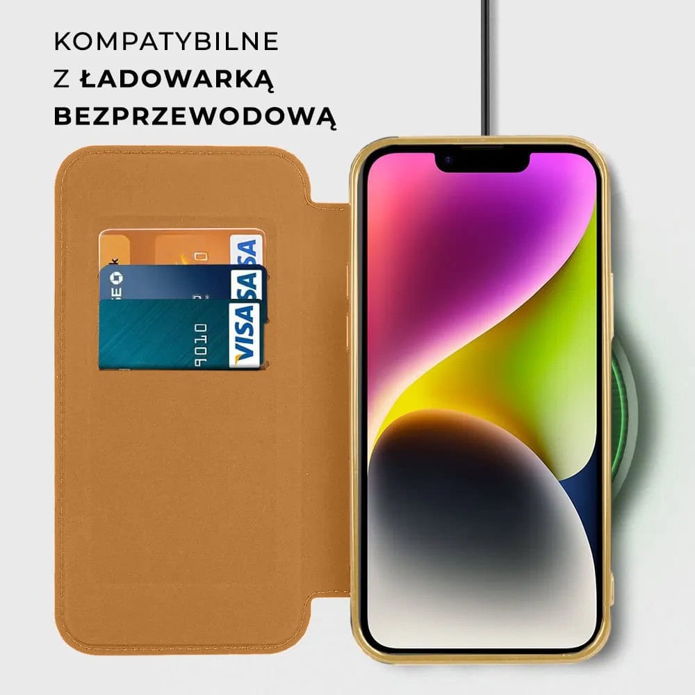 Etui do iPhone 14 typu książka Book Magsafe Lens Protect, z klapką, złote