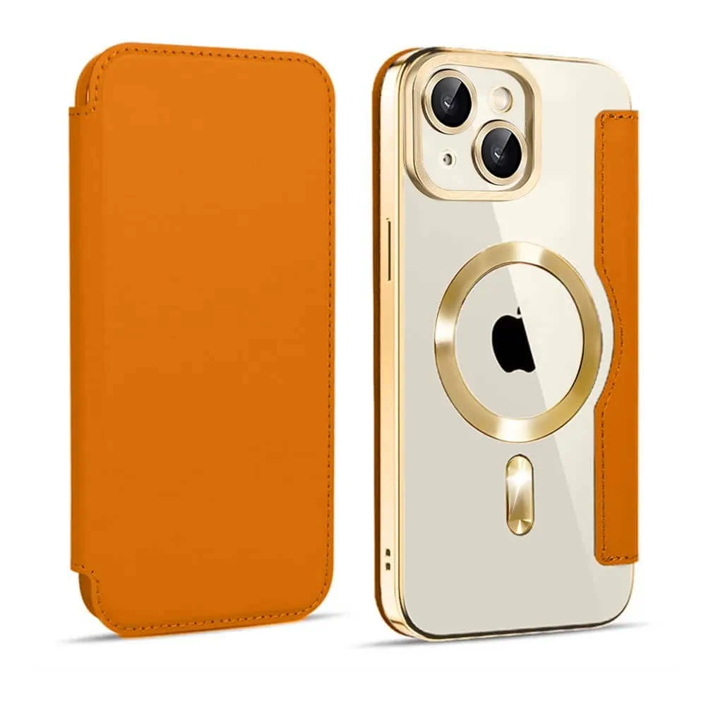 Etui do iPhone 14 typu książka Book Magsafe Lens Protect, z klapką, złote