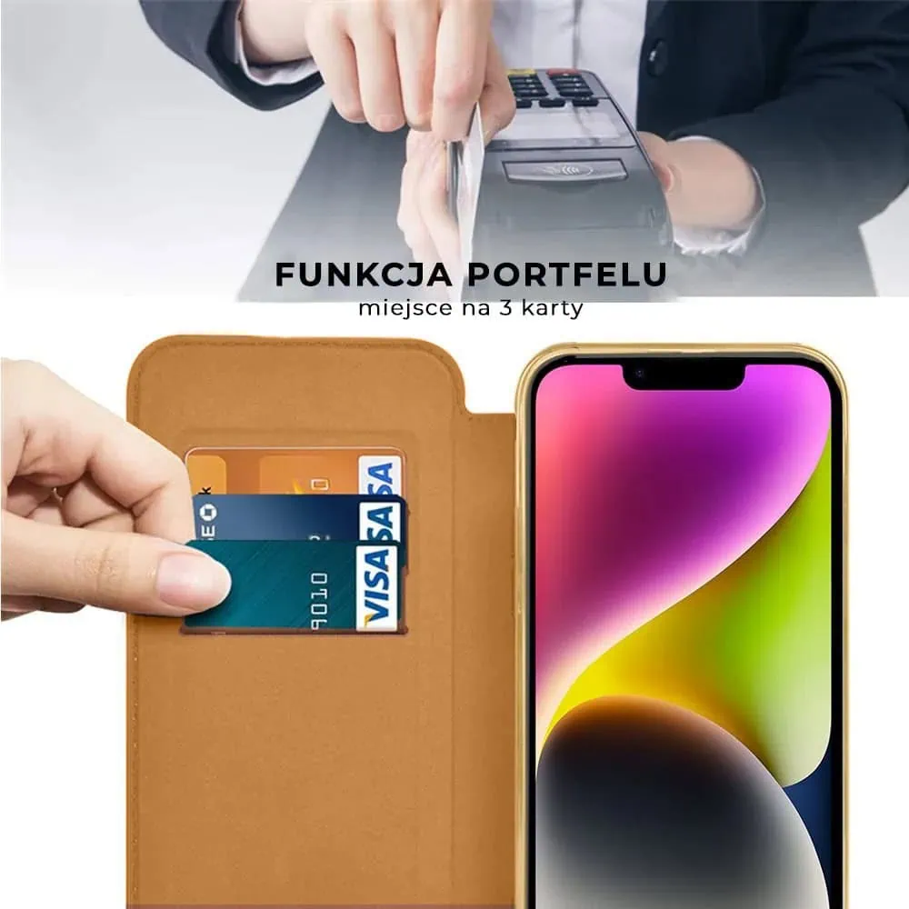 Etui do iPhone 14 typu książka Book Magsafe Lens Protect, z klapką, złote