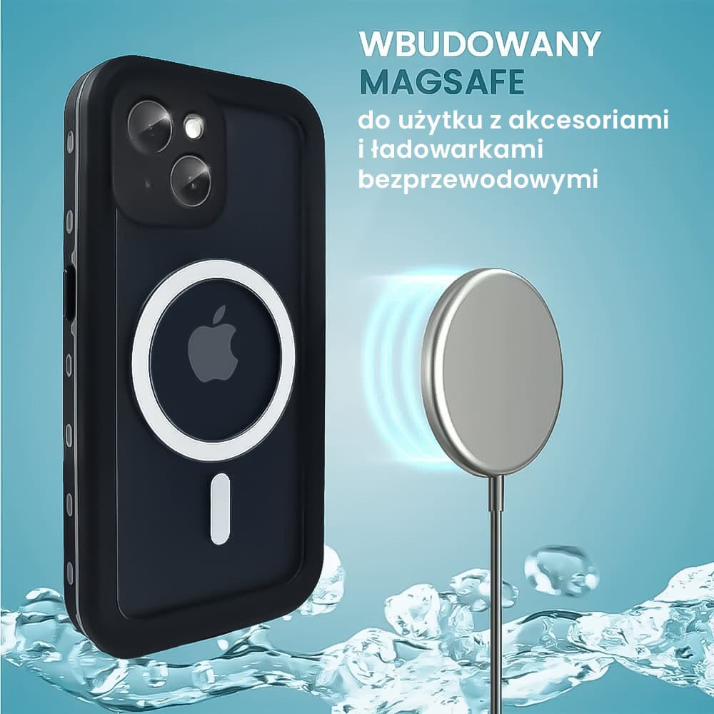 Etui do iPhone 14 Plus wodoodporne z MagSafe, pancerne, przeźroczyste, czarne