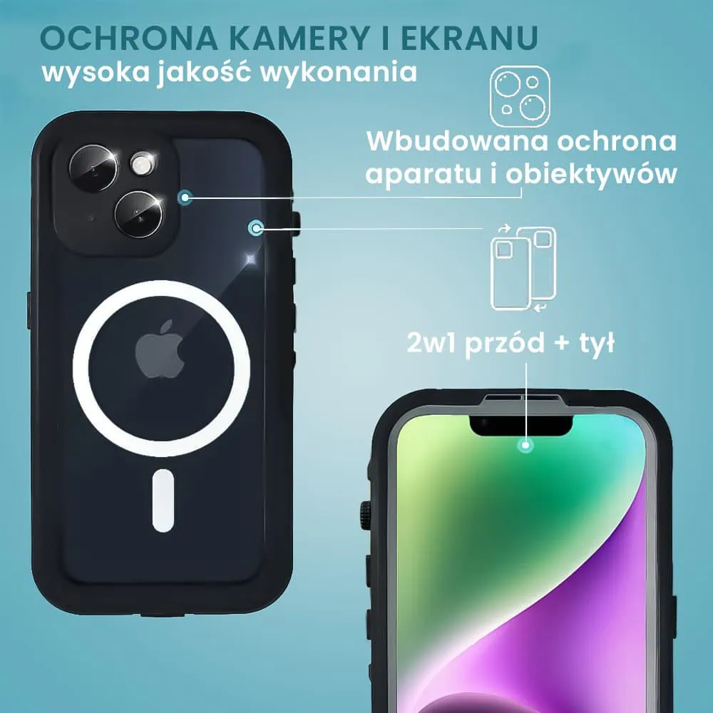 Etui do iPhone 14 Plus wodoodporne z MagSafe, pancerne, przeźroczyste, czarne