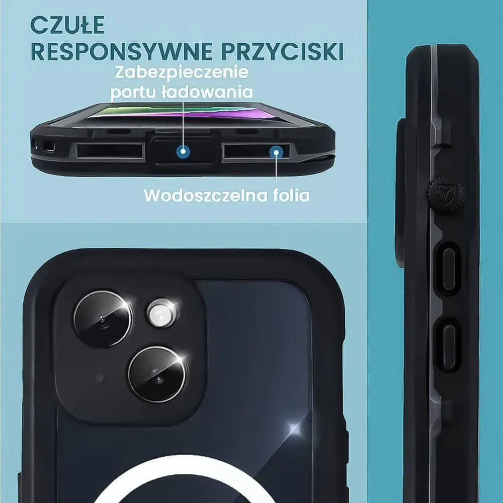 Etui do iPhone 14 Plus wodoodporne z MagSafe, pancerne, przeźroczyste, czarne