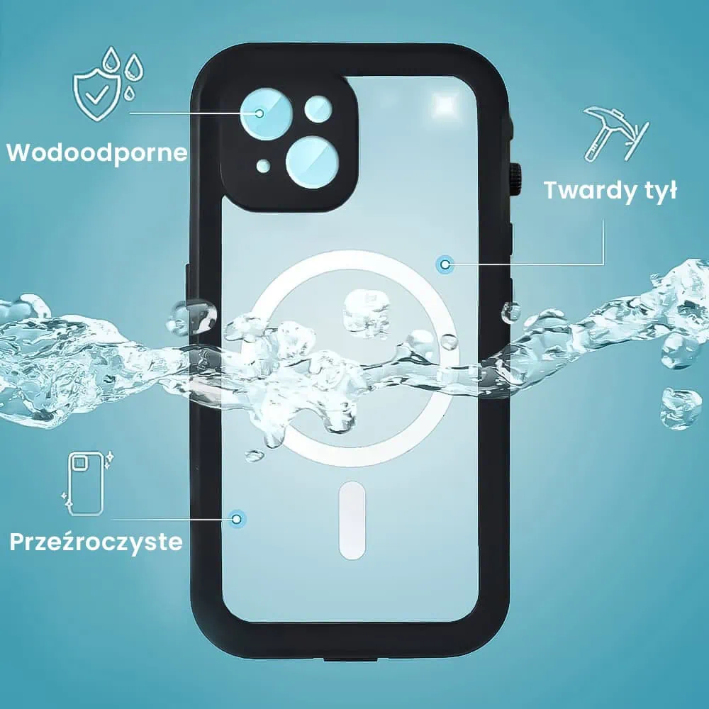 Etui do iPhone 14 Plus wodoodporne z MagSafe, pancerne, przeźroczyste, czarne