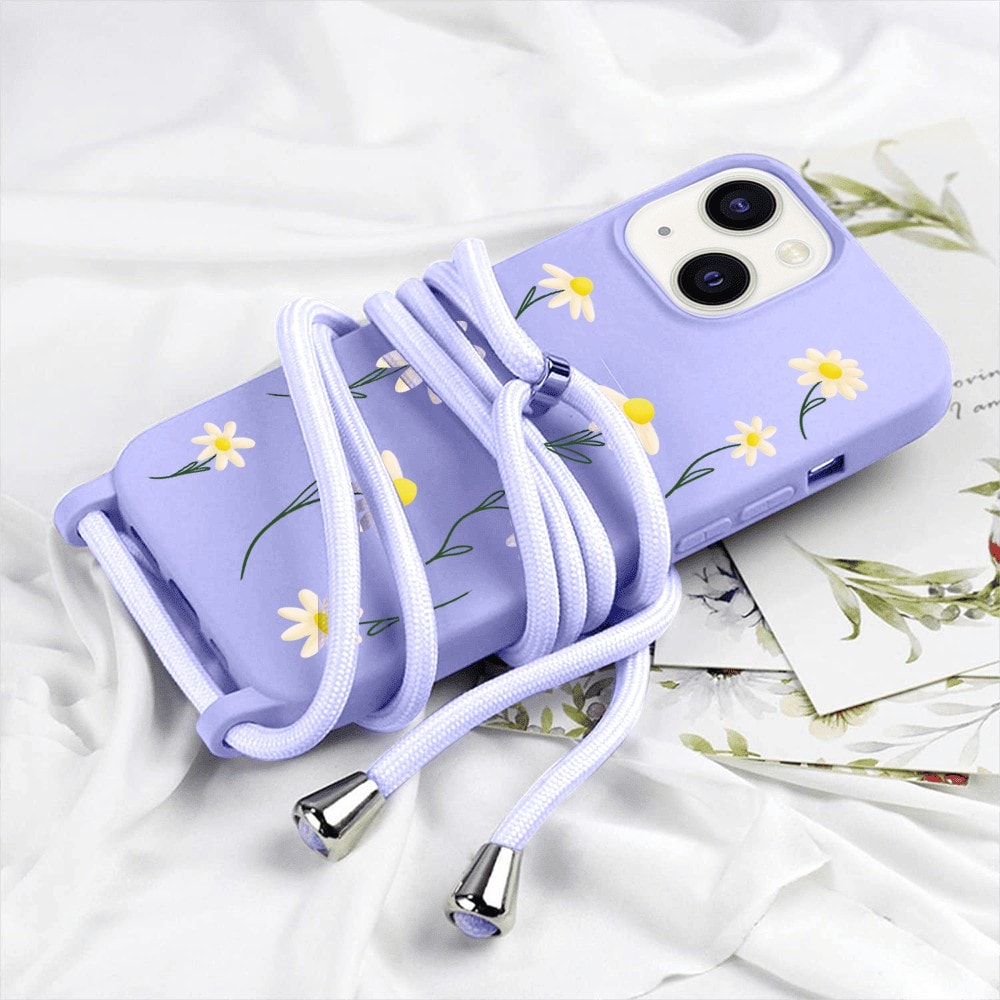 Etui do iPhone 14 wzmacniane crossbody z fioletową smyczą jak torebka, fioletowe ze stokrotkami