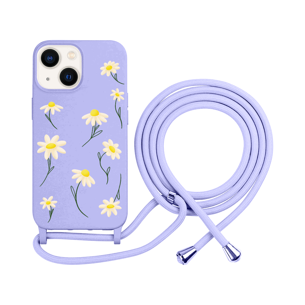 Etui do iPhone 14 wzmacniane crossbody z fioletową smyczą jak torebka, fioletowe ze stokrotkami