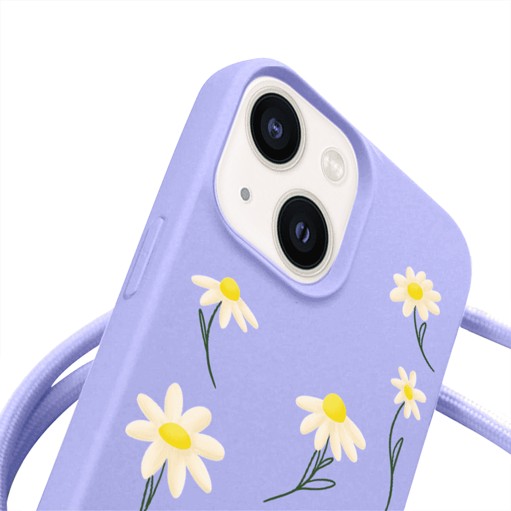 Etui do iPhone 14 wzmacniane crossbody z fioletową smyczą jak torebka, fioletowe ze stokrotkami