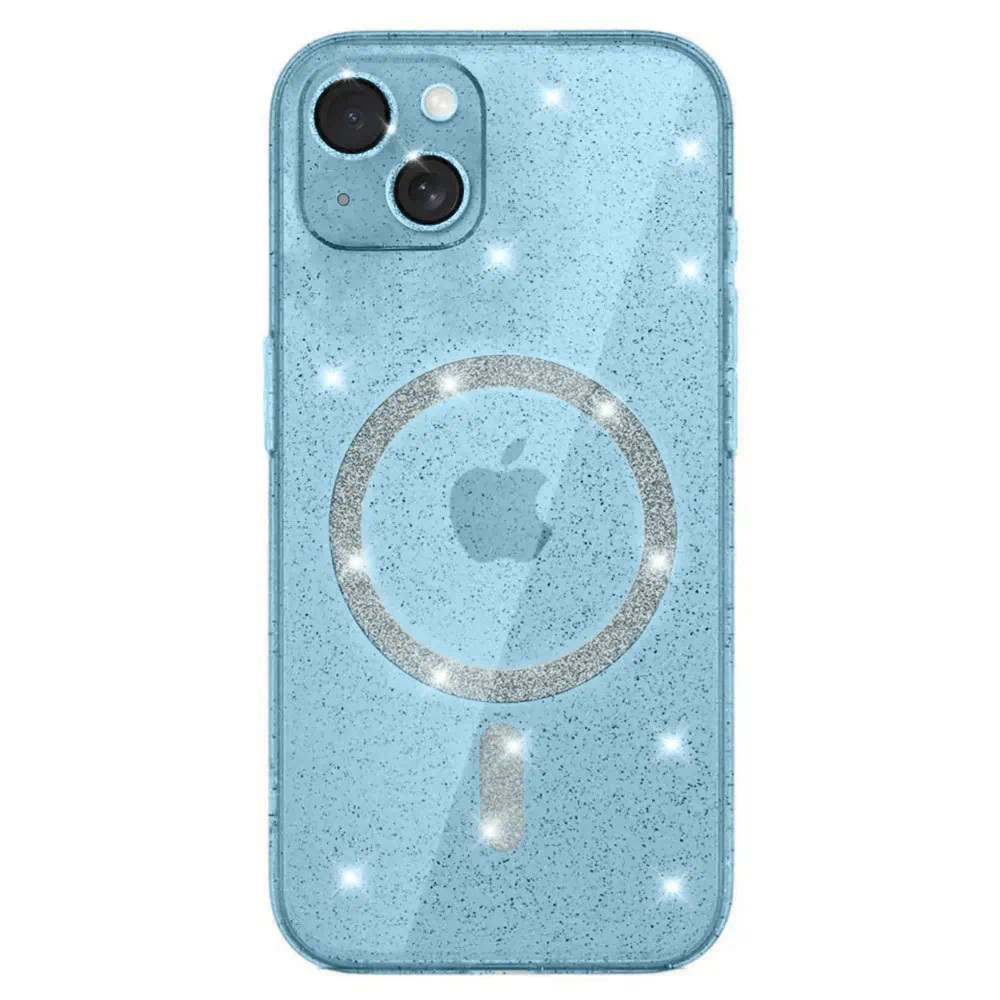 Etui do iPhone 14 z Magsafe, przeźroczyste, błyszczący brokat, niebieskie