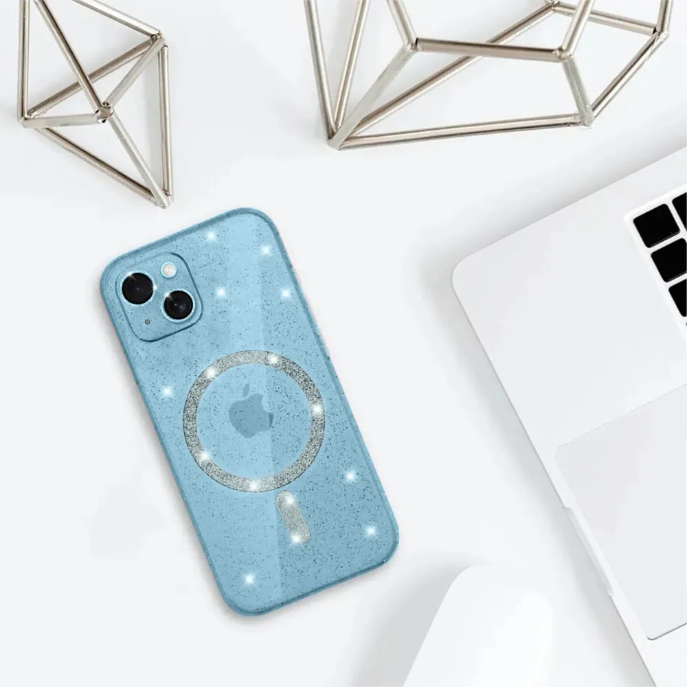 Etui do iPhone 14 z Magsafe, przeźroczyste, błyszczący brokat, niebieskie