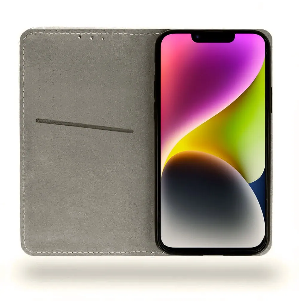 Etui do iPhone 14 zamykane, eleganckie skórzane, granatowe