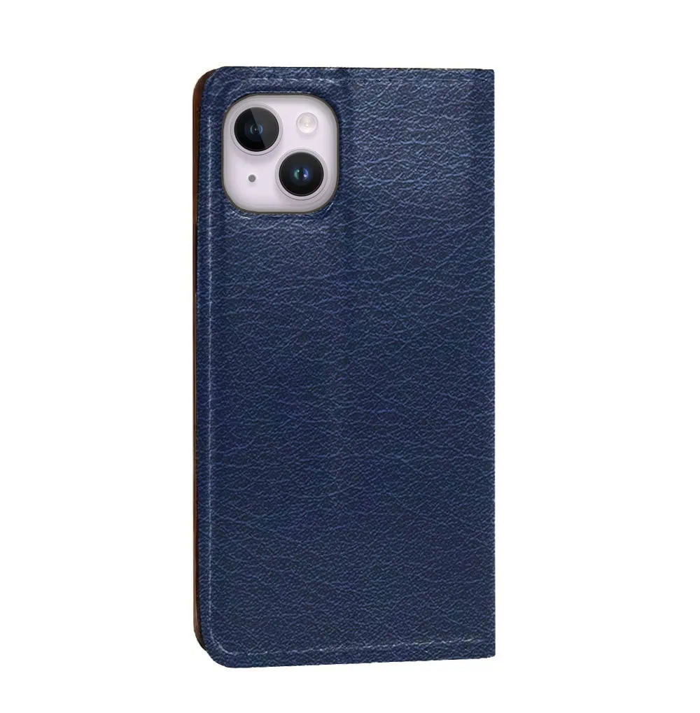 Etui do iPhone 14 zamykane, eleganckie skórzane, granatowe