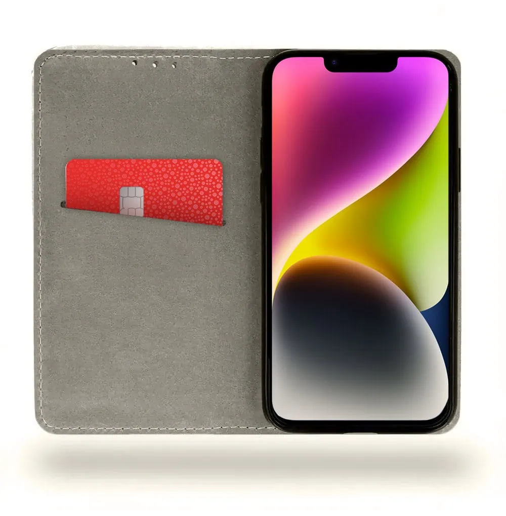 Etui do iPhone 14 zamykane, eleganckie skórzane, granatowe