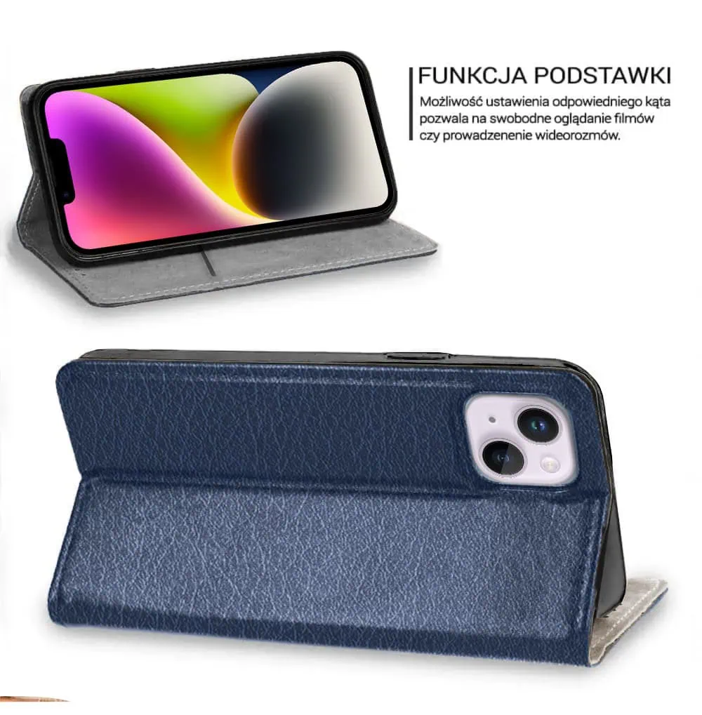 Etui do iPhone 14 zamykane, eleganckie skórzane, granatowe