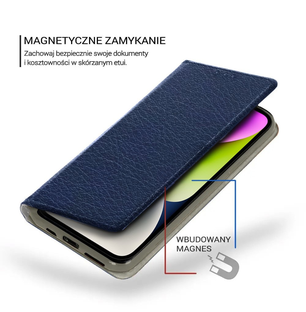 Etui do iPhone 14 zamykane, eleganckie skórzane, granatowe