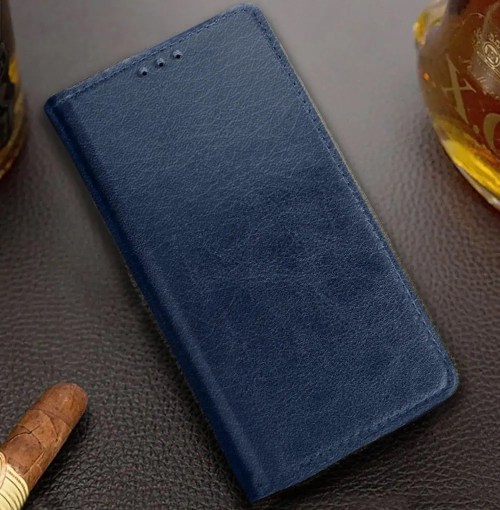 Etui do iPhone 14 zamykane, eleganckie skórzane, granatowe