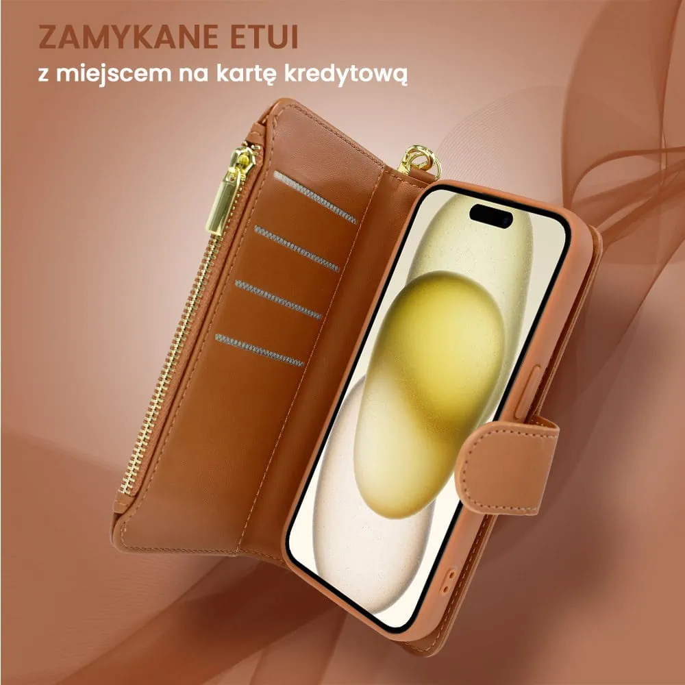 Etui do iPhone 15 Plus 2w1 Magsafe Double Wallet, zestaw etui oraz kabura ze smyczą, brązowe