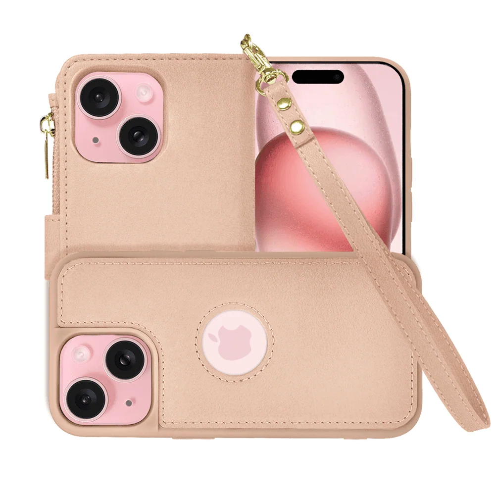 Etui do iPhone 15 2w1 Magsafe Double Wallet, zestaw etui oraz kabura ze smyczą, różowe